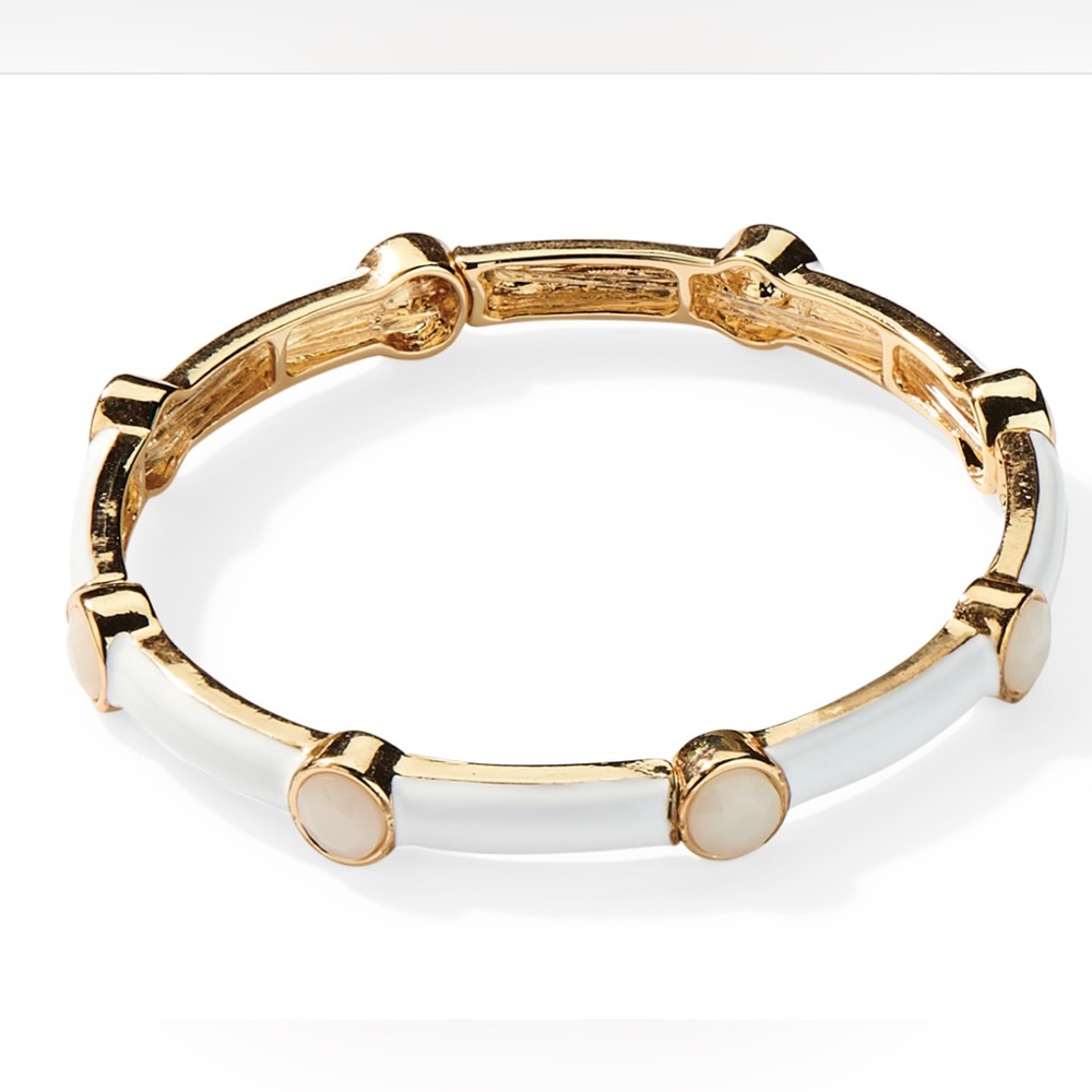 NWT MARSHMALLOW HAND PAINTED WHITE ENAMEL STRETCHY BRACELET WITH NUDE CRYSTAL